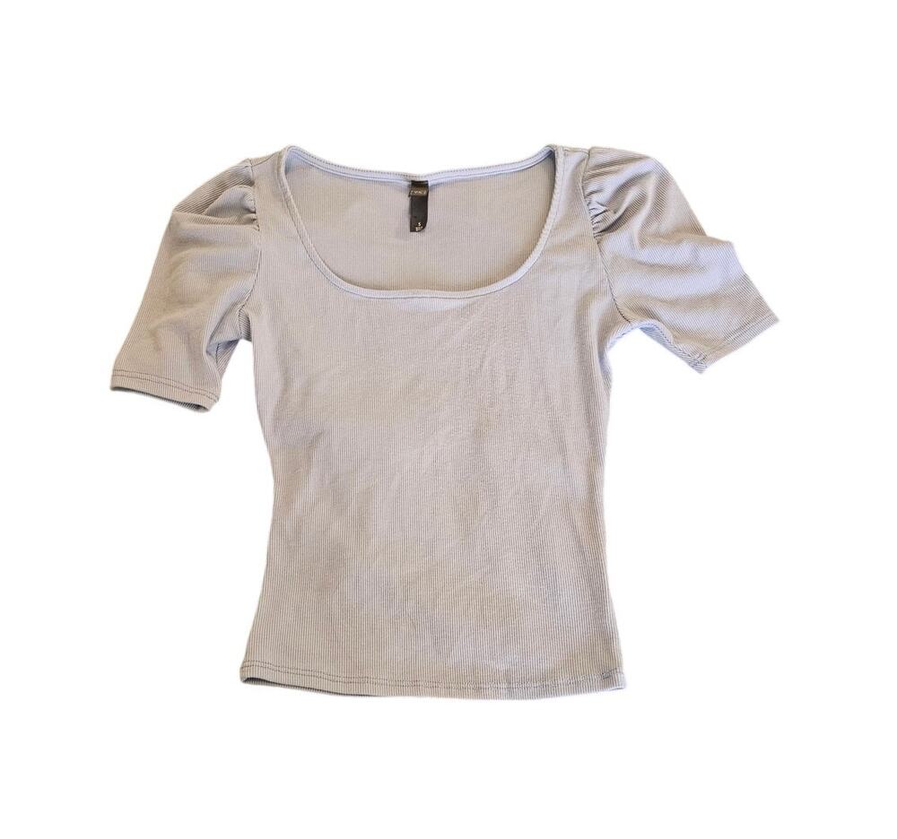 Alya Francesca’s Ribbed Puff Sleeve Scoop Neck Top Blue Size Small